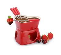 BSTKEY Ceramic Chocolate Fondue Pot Butter Warmer, Heart Shape 320ml Cheese Fondue Set Milk Cheese Warmer Tea Light Candle Fondue Pot Set with 4 Red Forks (Red)