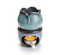 BSTKEY Ceramic Essential Oil Burner Wax Melt Burner with Candle Spoon, Decorative Aroma Tealight Candle Holder Oil Burner for Wax Melt, Flower Model (Blue)