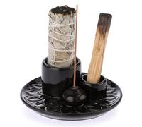 BSTKEY Ceramic Incense Burner Holder Sage Holder, 4 in 1 Palo Santo Burner Holder Decorative Candle Holder Incense Stick Holder Burner with Ash Catcher Tray (Dark Brown)