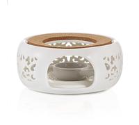 BSTKEY Ceramic Teapot Warmer with Spoon Cork Cushion, White Flower Pattern