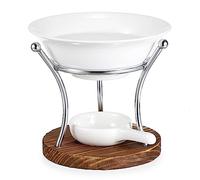 BSTKEY Metal Wooden Wax Melt Burner Essential Oil Burner with Ceramic Bowl, Decorative Aroma Diffuser Wax Burner Tealight Candle Holder Burner (Silver)