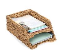 BSTKEY Natural Water Hyacintch 2 Tier File Paper Basket Desk Organizer, Hand-woven File Storage Organizer Desktop Letter Paper Tray Document Magazine Holder for Home Office Workspace