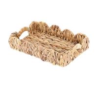 BSTKEY Natural Water Hyacinth Serving Tray Scalloped Basket Tray, Rectangle Hand-woven Storage Tray with Handle Decorative Scalloped Edge Organizer Tray Countertop Basket for Home Office (Size S)