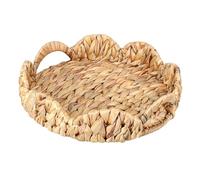 BSTKEY Natural Water Hyacinth Serving Tray Scalloped Basket Tray, Round Hand-woven Storage Tray with Handle Decorative Scalloped Edge Organizer Tray Countertop Basket for Home Office (Size S)
