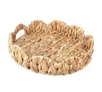 BSTKEY Natural Water Hyacinth Serving Tray Scalloped Basket Tray, Round Hand-woven Storage Tray with Handle Decorative Scalloped Edge Organizer Tray Countertop Basket for Home Office (Size M)
