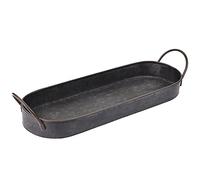BSTKEY Oval Decorative Serving Tray, Metal Iron, Silver, Solid, Industrial Farmhouse Style, 34.5x12.5x3.5cm, 300g, Galvanized, Handle, Oven Safe, 1 Pack