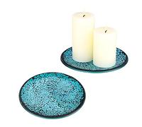 BSTKEY Set of 2 Mosaic Glass Pillar Candle Plates, Blue 15cm Round | Decorative Candle Plate Pillar Candle Holder Cup Plate Coasters for Dining Table, Wedding, Party, Home Decor (No Candles)
