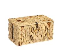 BSTKEY Water Hyacinth Cord Storage Basket with Lid, Hand-woven Cable Management Storage Box Decorative Data Cable Basket Socket Holder with 2 Side Open Slots for Countertop Floor (Size S)