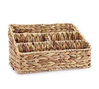 BSTKEY Water Hyacinth Desk Organizer, Hand Woven Magazine Mail Sorter with 4 Compartments, Wicker Desktop Stationery Holder Storage Basket for Home Office