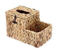 BSTKEY Water Hyacinth Square Facial Tissue Box with Lid, Household Woven Napkin Box Tissue Paper Holder with Multi-function Organizer Side Pocket for Remote Control Vanity Makeup Cosmetic Pencil