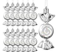 BSTMOME 12 Pack Hanging Glitter 3D Candy Cane Ornaments Christmas Tree Candy Peppermint Ornaments with Ropes for Xmas Halloween Party Decorations (Silver)