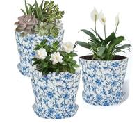 BSTMOME 3PCS Creative Blue and White Flower Pot, Round PP Plastic Planters with Drainage Hole and Trays, Retro Planter Pot for Succulents Cactus Flowers Indoor/Outdoor Garden Decor