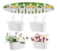 BSTMOME 4 Pack Hanging Flower Pots, Garden Pots Balcony Planters, Metal Bucket Flower Holders Wall Hanging Decor Pot with Detachable Hooks for Railing Fence Balcony (White)