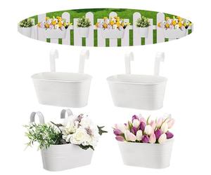 BSTMOME 4 Pack Hanging Flower Pots, Garden Pots Balcony Planters, Metal Bucket Flower Holders Wall Hanging Decor Pot with Detachable Hooks for Railing Fence Balcony (White)