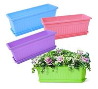 BSTMOME 4 Pack Rectangular Window Flower Pots Plastic Vegetable Planters, Flower Planter Garden Pots with Tray for Windowsill Patio Garden Home Décor Porch Balcony - 4 Colors