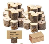 BSTMOME 40 PCS Wooden Memo Clips Holders, Rustic Real Wood Base Wedding Table Name Number Holder Party Decoration Card Holders Picture Memo Note Photo Clip Holder with Memo Cards