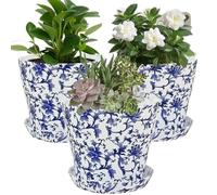 BSTMOME Creative Blue and White Flower Pot, Round PP Planters with Drainage Hole and Trays, Retro Planter Pot for Succulents Cactus Flowers Indoor/Outdoor Garden Decor Set of 3, 4.7inch