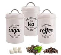 BSTMOME Set of 3 Airtight Kitchen Canister Decorations with Lids, Coffee, Tea, Sugar Metal Containers Galvanised Iron Decorative Nesting Kitchen Canister Jars, Food Storage (White)