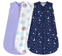BSTOPPT 3 PackBaby Sleep Sack 6-12 Months 100% Rayon Cotton Baby Sleeping Bag 2-Way Zipper Toddler Wearable Blankets Comfy Stretchy Lightweight Sleep Sacks for Babies（Purple&Clouds&Starry Sky）