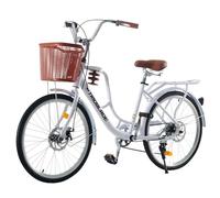BSTSEL 24/26 Inch Wheels Vintage bike Fabric Bike City Classic Bicycle, Retro Bicycle With 7 Speed Gears, Dual Disc Brakes, Rack And Front Basket Formal Road Bike For Woman (26 inch White)