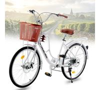 BSTSEL 24/26 Inch Women's Comfort Bike with Front Basket | Vintage Ladies Bike, 7 Speed Dual Disc Brakes, Water Bottle Holder and Rack Formal Road Bike for Women Commute