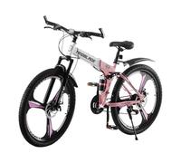 BSTSEL 26 Inch Folding Mountain Bike 3 Spoke Wheels Bicycle,17 Inch Frame Mountain Bicycle - 21 Speeds Disc Brake (Pink)