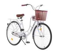 BSTSEL 26Inch Wheel Womens Ladies White Bike & Basket 16" Frame Vintage Bike, 7 Speed Gears Classic Retro Bicycle, Dutch Bicycle City Bike for Work