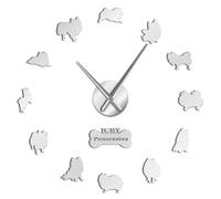 BSTUK Pomeranian Dog 3D DIY Wall Clock Frameless Silent Non Ticking Mirror Surface Sticker Modern Wall Decor Art for Living Room Bedroom Office (Silver,27inch)