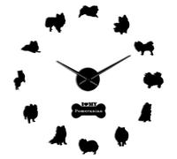 BSTUK Pomeranian Dog 3D DIY Wall Clock Frameless Silent Non Ticking Mirror Surface Sticker Modern Wall Decor Art for Living Room Bedroom Office (Black,47inch)