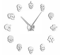 BSTUK Various Skull Heads 3D DIY Wall Clock Frameless Silent Non Ticking Mirror Surface Sticker Modern Wall Decor Art for Living Room Bedroom Office (Silver,47inch)