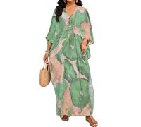 Bsubseach Plus Size Kaftan Dresses for Women V Neck Swimsuit Coverup Floral Print Caftan Maxi Beach Dress Green