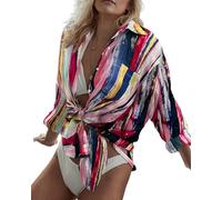 Bsubseach Print Button Down Beach Shirt Blouses Swimsuit Cover Ups for Women Beach Coverup Red and Yellow Tie Dyeing