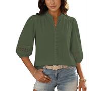 Bsubseach Women Button Down Shirt 3/4 Puff Sleeve Dressy Casual Blouse Cotton Eyelet Boho Mandarin Collar Tops