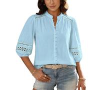 Bsubseach Women Button Down Shirt 3/4 Puff Sleeve Dressy Casual Blouse Cotton Eyelet Boho Mandarin Collar Tops