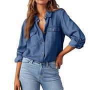 Bsubseach Women Denim Shirt Long Sleeve Blouse V Neck Casual Loose Jean Dresses Button Down Tunic Tops Summer Shirt Sail Blue M