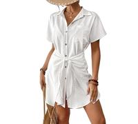 Bsubseach Womens Swimsuit Coverup Short Sleeve Button Down Tie Beach Shirt Dresses Summer Bathing Suit Cover Up Swimwear White L