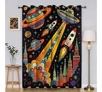 BSYYZQC Planet Curtains & Drapes Cartoon Rocket Window Curtain, Super Soft Eyelet Blackout Curtain, Blackout Lined Eyelet Drop 66"x90"(W x L) 2 Panels Drapes