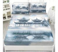 BSYYZQC Snowflake Single Fitted Sheet House Scene Bed Sheets Deep Pocket 12 inch (30 cm) Soft Cozy 3 Piece Microfibre Bed Sheet 90x190 cm with 2 Pillowcases 50x75 cm