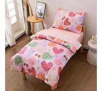 Btargot 4 Pieces Ultra Soft Toddler Hearts Bedding Set, Cartoon Strawberry Flowers Star Pattern Comforter Sets for Kids Bedroom Decor, Light Pink