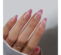 BTArtbox False Nails French Tip - Lamp-Curable Pink Cat Eye Press on Nails, Reusable Medium Almond Stick On Nails for Women in 16 Sizes, 32 Pcs Fake Nail with Glue Kit, Rosy Dew