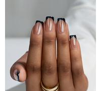 BTArtbox False Nails Short - Black Chrome Press On Nails French Tip, Glazed Square Stick On Nails for Women Gifts in 15 Sizes - 30 Fake Nail Kit, Braveheart