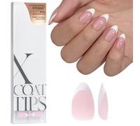 BTArtbox French Tip False Nails - Short Almond Nail Tips for Gel Extensions, XCOATTIPS Press on Nails, Pre-applied Tip Primer & Base Coat Cover, Pink Soft Gel Fake Nails