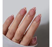 BTArtbox Press On False Nails Short, 32Pcs Chrome Almond French Tip False Nails with Glue, Opaque Soft Gel Stick On Nails for Women in 16 Sizes - 32 Fake Nail Kit, Coastal Glow