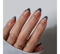 BTArtbox Press On Nails Almond - Lamp-Curable Black Short French Tip False Nails with Glue, Semi-Transparent Soft Gel Stick On Nails for Women in 16 Sizes - 32 Fake Nail Kit, Midnight Spark