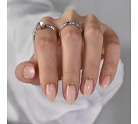 BTArtbox Press on Nails Almond - Short False Nails with Gold Foil Design, 32 Pcs Stick on Nails for Women, Supremely Fit & Glossy Fake Nail in 16 Sizes, Gold End