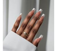 BTArtbox Press On Nails French Tip - Long Square French Tip False Nails, 30 Pcs Natural Fake Nail with Glue, Brown Stick on Nails for Women in 15 Sizes