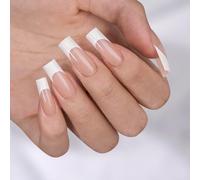 BTArtbox Press On Nails French Tip - Long Square French Tip False Nails, 30 Pcs Natural Fake Nail with Glue, Nude Stick on Nails for Women in 15 Sizes