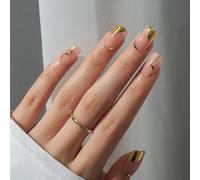 BTArtbox Press On Nails Short - Gold Designed Square False Nails, 32 Pcs Fall Stick On Nails for Women Gifts, Natural Fake Nail in 16 Sizes, Gold Leaf