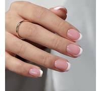 BTArtbox Press On Nails Short - Square French Tip False Nails with Nail Glue, Natural Reusable Stick On Nails in 15 Sizes 30 Fake Nail Kit, Silken Halo