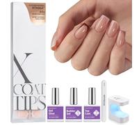 BTArtboxnails XCOATTIPS French Tip Press on Nails - Skin Tones Short Fall Press On Nails Square, Soft Gel Nail Tips with Nail Gel, French Protecting Duo, Nail Lamp, All in One Fake Nail Extension Kit